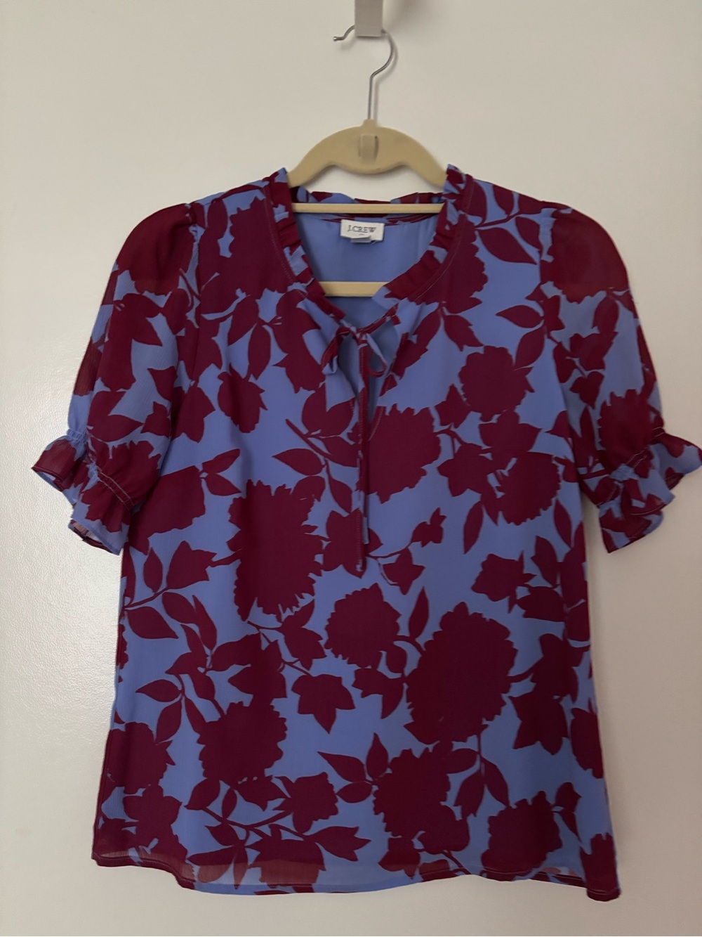 J. Crew Blue Blouse with Burgundy Floral Tie-Neck
